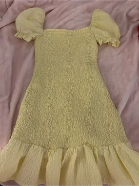 Zara Pale Yellow Smocked Puff Sleeve Mini Dress